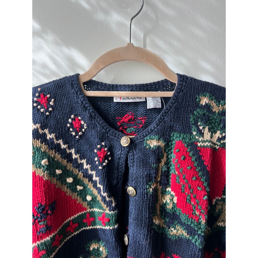 Talbots Vintage Knit Colorful Winter Holidary Cardigan With Gold Buttons